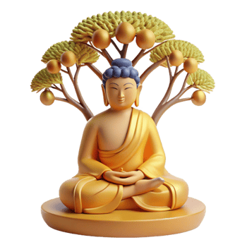 dramatic contemporary A serene Buddha meditating beneath the Bodhi tree, bathed in soft golden light, traditional Asian painting style professional png