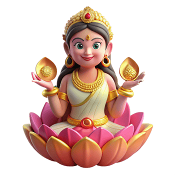 dramatic creative A graceful Hindu goddess Lakshmi, seated on a lotus flower, holding golden coins, traditional Indian miniature painting style, soft lighting, detailed png