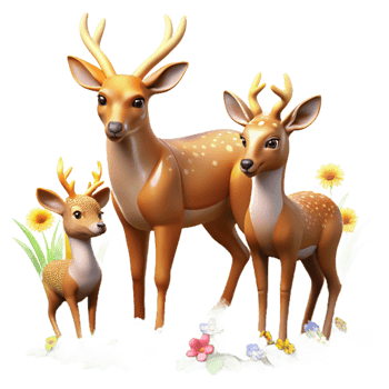 stunning creative A family of deer grazing in a sun-drenched meadow, wildflowers blooming around them, in a pastoral painting style authentic png