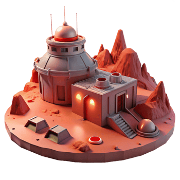 dramatic abstract A desolate, Martian landscape with a futuristic research outpost, harsh red light, sci-fi, photorealistic, authentic png