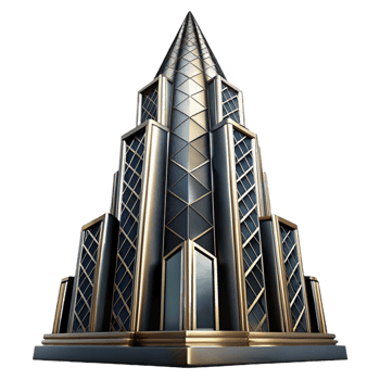 vibrant minimalist Art Deco skyscraper, chrome and black glass, sharp geometric patterns, volumetric lighting, dramatic shadows, high contrast, premium png