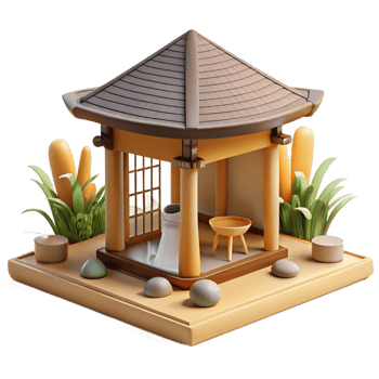 serene artistic A minimalist Japanese tea house made of bamboo and rice paper, soft natural light, serene and tranquil atmosphere, zen garden setting exclusive png