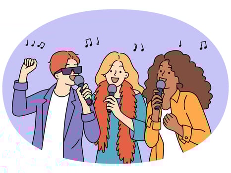 Smiling people have fun singing karaoke vector