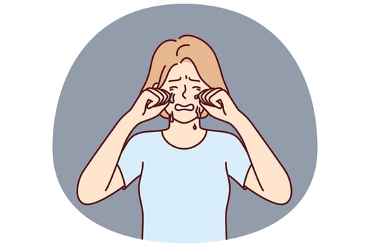 Crying woman wipes tears with hands because of breakup with boyfriend or depression vector