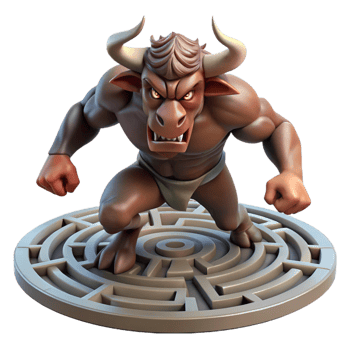 vibrant vintage A powerful minotaur charging through a labyrinth, gritty realism style, dramatic spotlighting authentic png