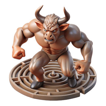 wonderful creative A powerful minotaur trapped in the labyrinth, intricate maze visible in the background, muscles rippling, surreal style high quality png
