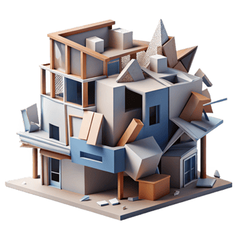 extraordinary modern A Deconstructivist building, fragmented shapes, clashing materials, chaotic, dynamic style 4K png