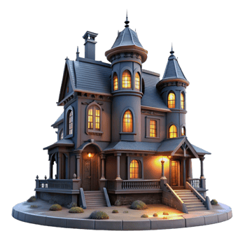 stunning abstract Victorian mansion, ornate details, gaslight illumination, foggy night, gothic horror style, cinematic lighting, original png