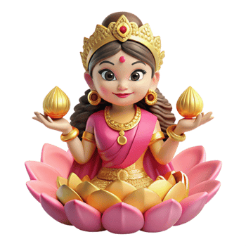 magnificent abstract A graceful Hindu goddess Lakshmi, seated on a lotus flower, holding golden coins, traditional Indian miniature painting style, soft lighting, detailed png