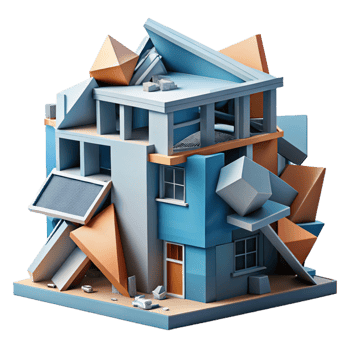 stunning artistic A Deconstructivist building, fragmented shapes, clashing materials, chaotic, dynamic style genuine png