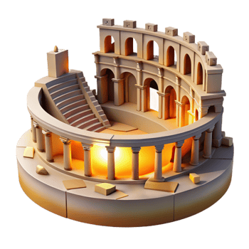 impressive rustic An ancient Roman amphitheater, crumbling ruins, golden hour light, historical illustration premium png