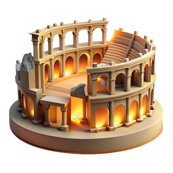 beautiful creative An ancient Roman amphitheater, crumbling ruins, golden hour light, historical illustration detailed png