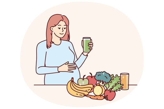 Pregnant woman drinks juice from fresh fruits and vegetables standing near steel with healthy food vector