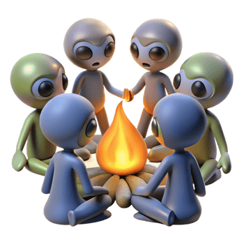 serene contemporary A group of aliens gathered around a campfire, warm, firelight, tribal style genuine png