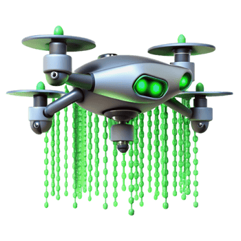 extraordinary contemporary A solitary drone hovering against a backdrop of binary code raining down, cyberpunk aesthetic, neon green lighting professional png
