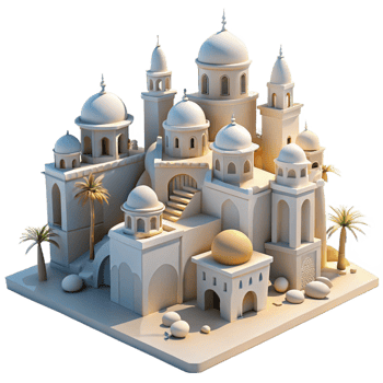 extraordinary vintage Desert oasis city, whitewashed buildings, intricate carvings, bright sunlight, Moorish architecture, professional png