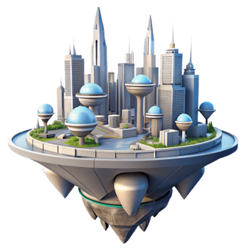 serene artistic A floating city with interconnected platforms, futuristic architecture, bright sunlight, utopian setting high resolution png