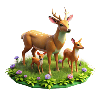 elegant minimalist A family of deer grazing in a sun-drenched meadow, wildflowers blooming around them, in a pastoral painting style high resolution png