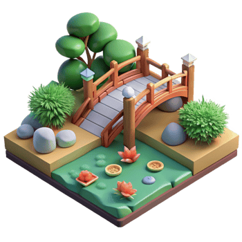 dramatic classic A traditional Japanese garden with a stone bridge and a koi pond, serene and tranquil atmosphere, soft light 4K png