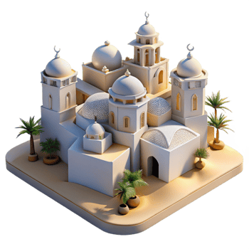 dramatic classic Desert oasis city, whitewashed buildings, intricate carvings, bright sunlight, Moorish architecture, exclusive png