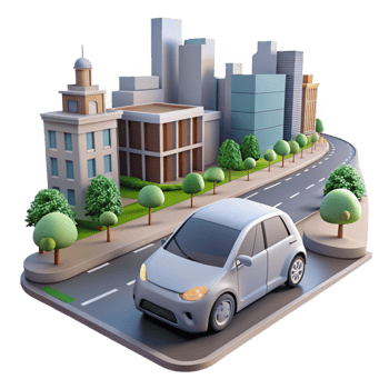 dramatic creative A self-driving car navigating a busy city street, realistic rendering, photorealistic style high resolution png