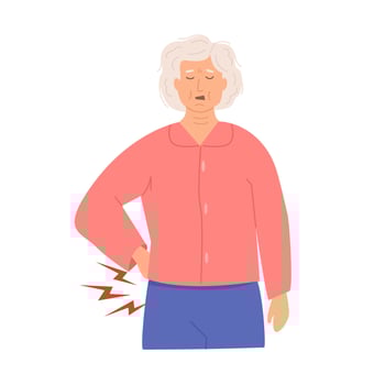 Elderly woman suffering from lower back pain, holding her waist with a pained expression. Concept of aging, arthritis, spinal problems. Medical healthcare illustration. Flat Style Illustration. vector