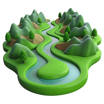 stunning contemporary A winding river flowing through a lush green valley, seen from a high vantage point, in a panoramic, landscape style original png