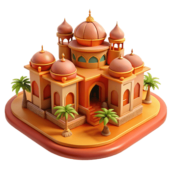 vibrant traditional A desert oasis with a Moorish palace, intricate tilework, warm orange and red hues, orientalist style, high quality png