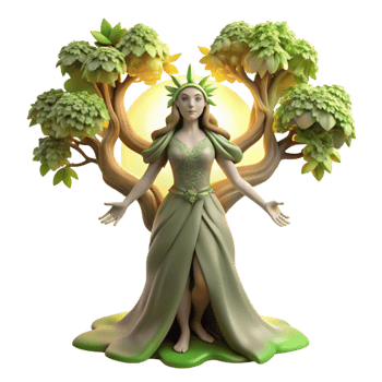 elegant minimalist An ethereal dryad emerging from a giant oak tree, sunlight dappling through the leaves, depicted in a pre-Raphaelite style high quality png