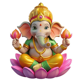dramatic classic The Hindu god Ganesha, with an elephant head and vibrant colorful garments, seated on a lotus flower, intricate Indian miniature style original png