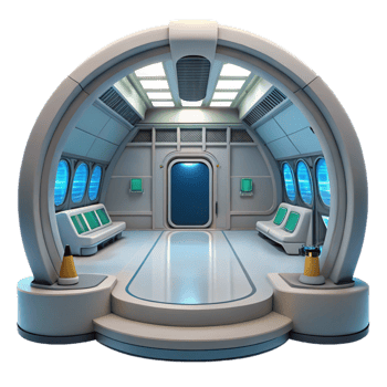 dramatic rustic A sleek, minimalist spaceship interior with panoramic views of space, soft interior lighting, futuristic, cinematic, genuine png