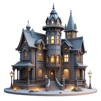 magnificent vintage Victorian mansion, ornate details, gaslight illumination, foggy night, gothic horror style, cinematic lighting, professional png