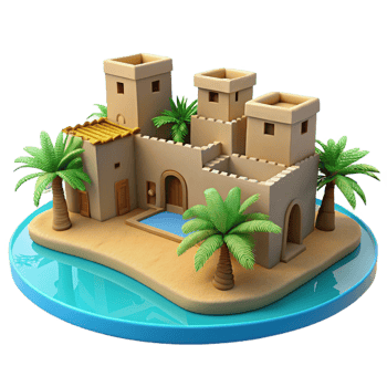 stunning traditional A desert oasis with traditional mud-brick buildings, palm trees, vibrant blue sky, realistic rendering, authentic png