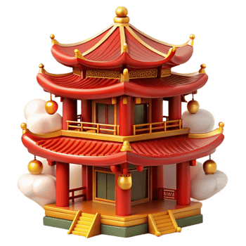 serene traditional A traditional Chinese pagoda, vibrant red and gold colors, surrounded by mist, serene atmosphere exclusive png