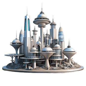 magnificent rustic A futuristic city built on stilts over the ocean, sleek white and chrome architecture, cyberpunk aesthetic original png