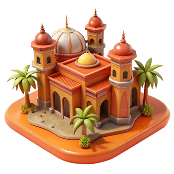 stunning vintage A desert oasis with a Moorish palace, intricate tilework, warm orange and red hues, orientalist style, 4K png