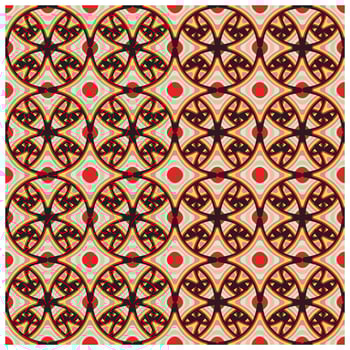 Colorful geometric pattern featuring interconnected circles and star-like shapes in black, orange, and red on a cream background. vector