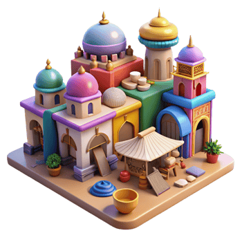 wonderful traditional A colorful, chaotic bazaar in a Middle Eastern city, midday sun, bustling, detailed textures, exclusive png