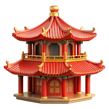 wonderful minimalist A traditional Chinese pagoda, red and gold details, intricate carvings, soft morning light, peaceful atmosphere authentic png