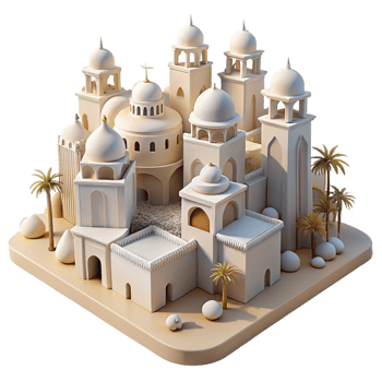 stunning artistic Desert oasis city, whitewashed buildings, intricate carvings, bright sunlight, Moorish architecture, premium png