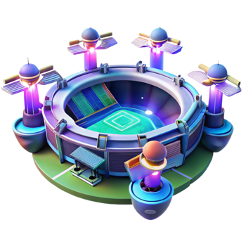 extraordinary artistic A futuristic sports stadium with holographic displays and flying drones, vibrant neon colors, cyberpunk style, dynamic perspective, high resolution png