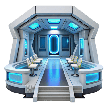 dramatic vintage A futuristic space station, sleek white corridors, glowing blue panels, sterile, minimalist style authentic png