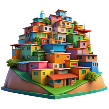 vibrant vintage A colorful favela built on a hillside, vibrant and lively, urban landscape, detailed png