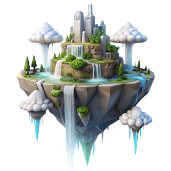 dramatic contemporary A floating island city with waterfalls cascading down the sides, ethereal atmosphere, dreamlike quality, digital art, genuine png