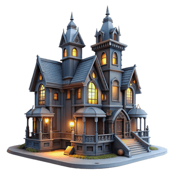 extraordinary artistic Victorian mansion, ornate details, gaslight illumination, foggy night, gothic horror style, cinematic lighting, high resolution png
