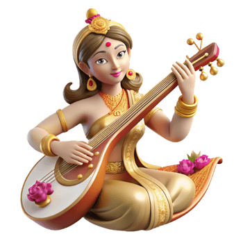 impressive classic A beautiful Hindu goddess Saraswati playing the veena, surrounded by swirling music notes, traditional Indian painting style, soft lighting, exclusive png