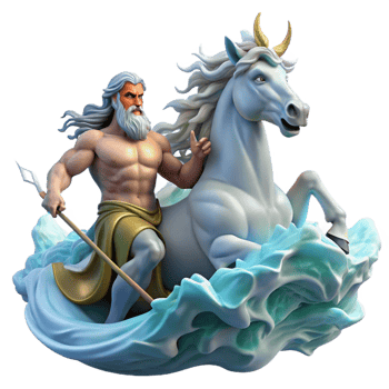 impressive rustic Poseidon commanding a storm-tossed sea from his chariot pulled by hippocamps, waves crashing around him, lightning illuminating the scene, Romantic style exclusive png