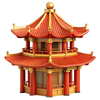 elegant minimalist Traditional Chinese pagoda, intricate red and gold details, misty mountain backdrop, serene atmosphere, detailed ornamentation, exclusive png