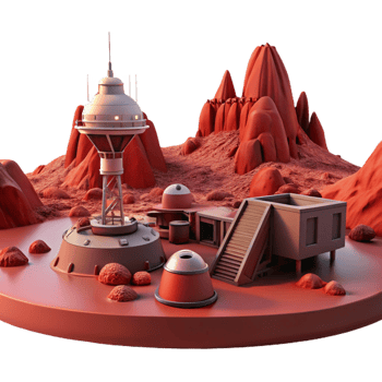extraordinary modern A desolate, Martian landscape with a futuristic research outpost, harsh red light, sci-fi, photorealistic, high resolution png
