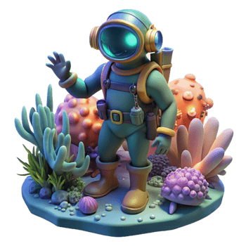 elegant creative A steampunk diver, exploring a coral reef filled with bioluminescent creatures, illuminated by the ethereal glow of the underwater world. Underwater lighting, fantasy art style 4K png